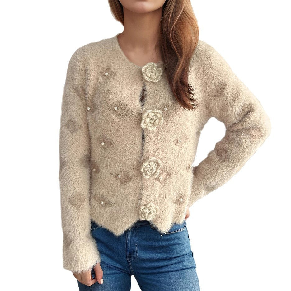 Beads Rhinestones Three-dimensional Flower Button Sweater