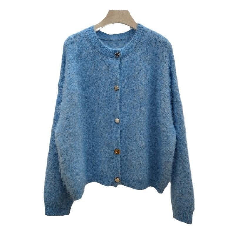 Round Neck Soft Sticky Mohair Knitted Cardigan Women's Long Sleeve Sweater Coat