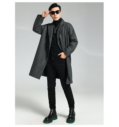 Mid-length Double Breasted Cocoon-shaped Loose Casual Woolen Coat For Men