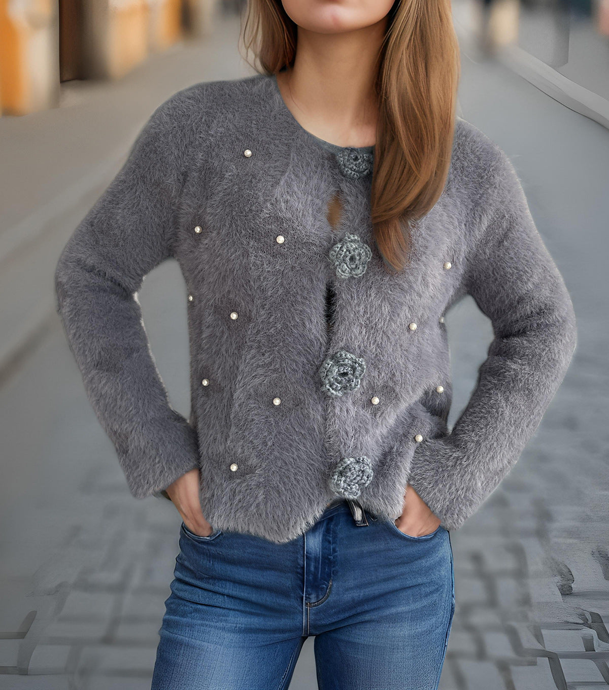 Beads Rhinestones Three-dimensional Flower Button Sweater