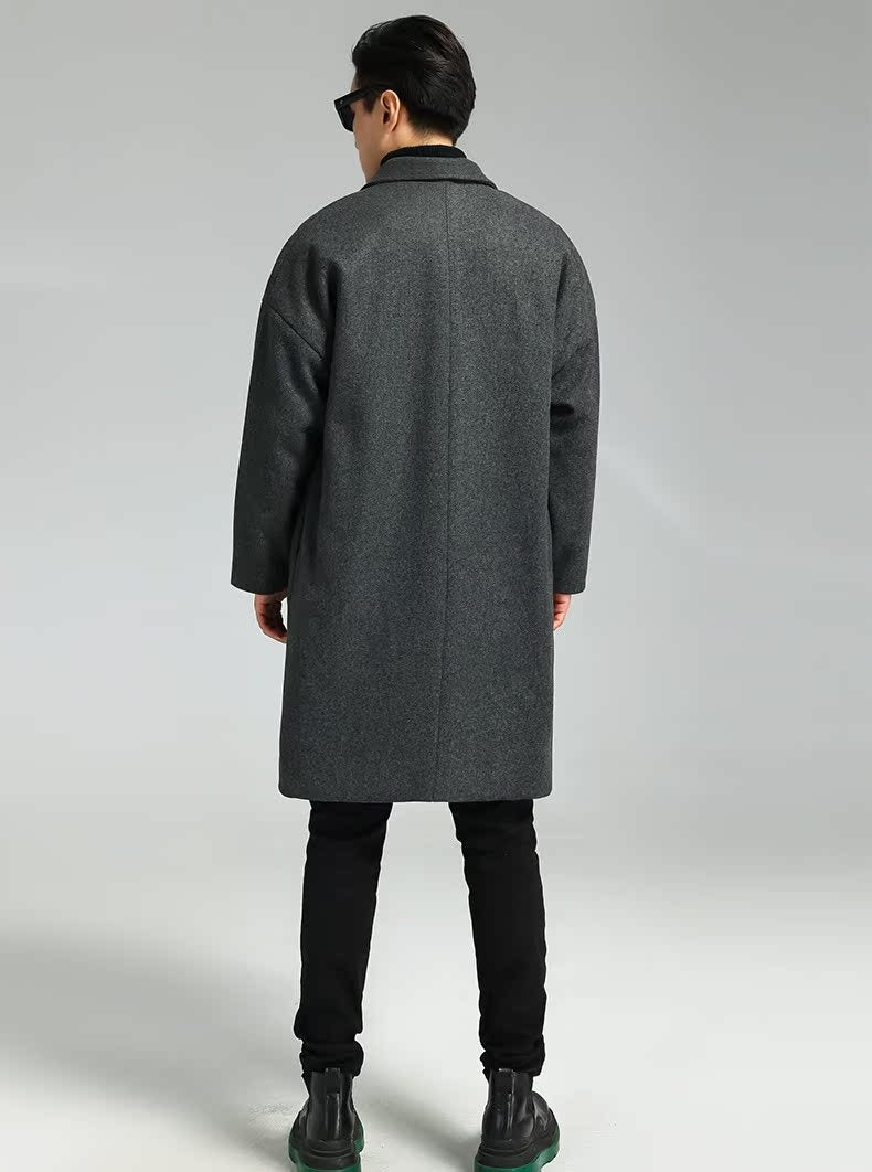 Mid-length Double Breasted Cocoon-shaped Loose Casual Woolen Coat For Men