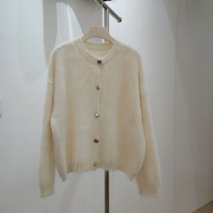 Round Neck Soft Sticky Mohair Knitted Cardigan Women's Long Sleeve Sweater Coat