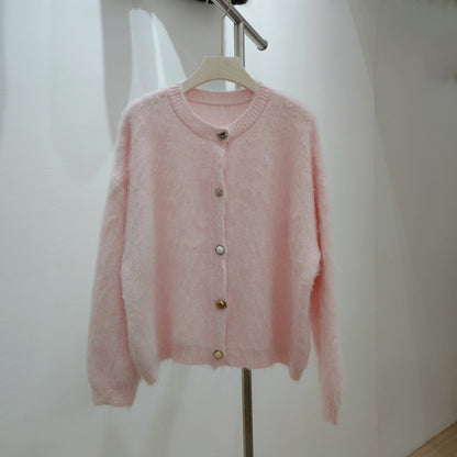 Round Neck Soft Sticky Mohair Knitted Cardigan Women's Long Sleeve Sweater Coat