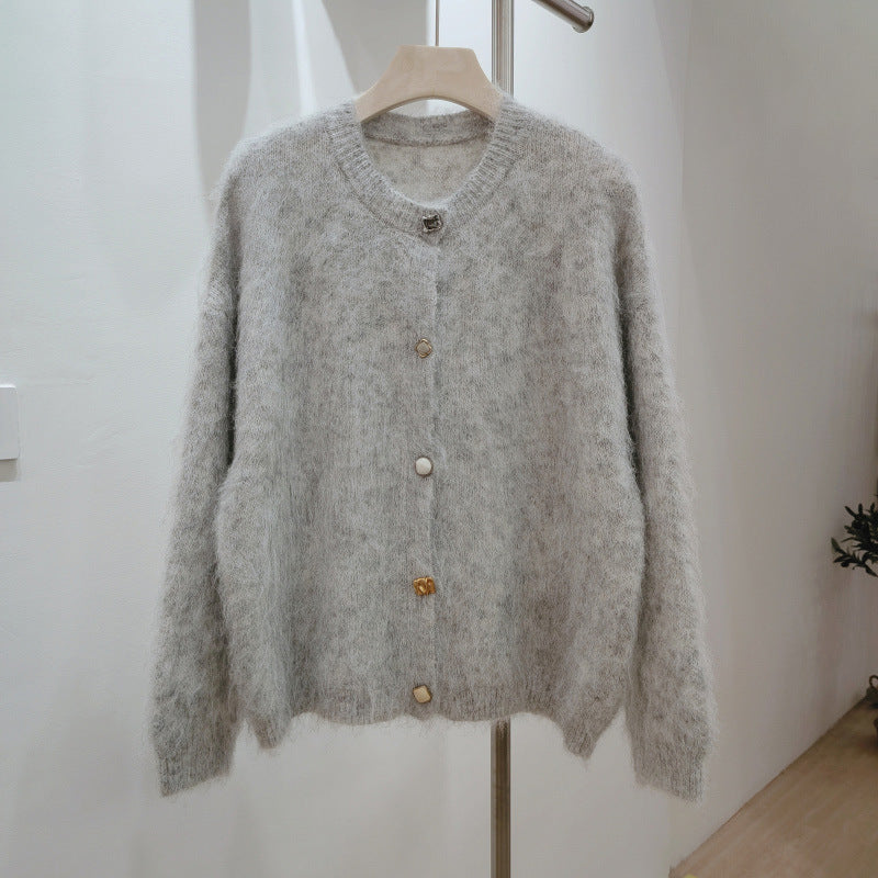 Round Neck Soft Sticky Mohair Knitted Cardigan Women's Long Sleeve Sweater Coat