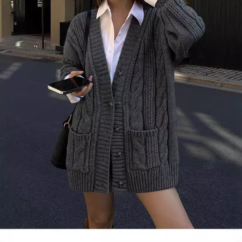 European And American Solid Color Cable-knit Sweater Knitted Cardigan Jacket