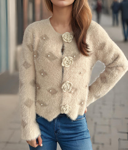 Beads Rhinestones Three-dimensional Flower Button Sweater