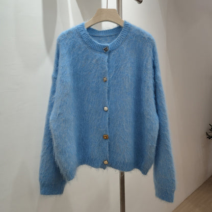 Round Neck Soft Sticky Mohair Knitted Cardigan Women's Long Sleeve Sweater Coat