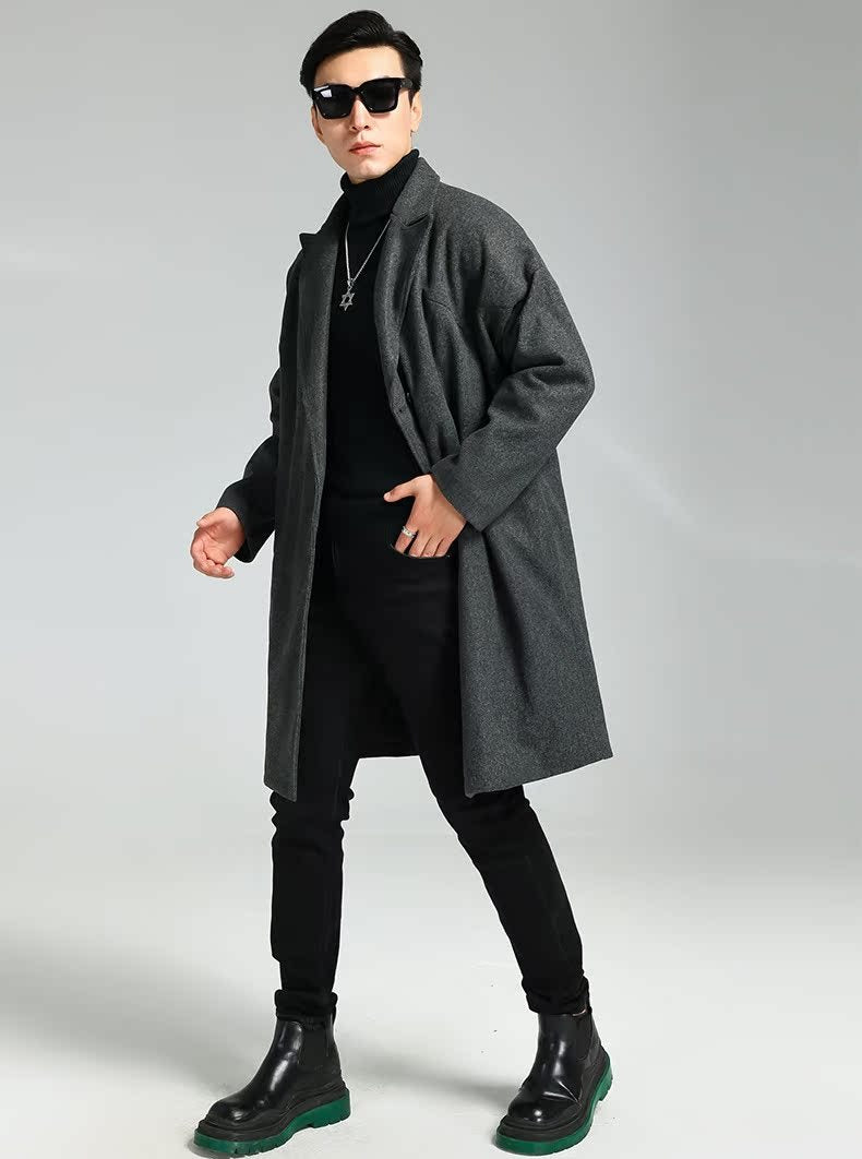 Mid-length Double Breasted Cocoon-shaped Loose Casual Woolen Coat For Men