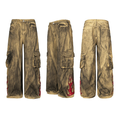 Waste Soil Wind Tie-dyed Old Dirty Cargo Jeans Men