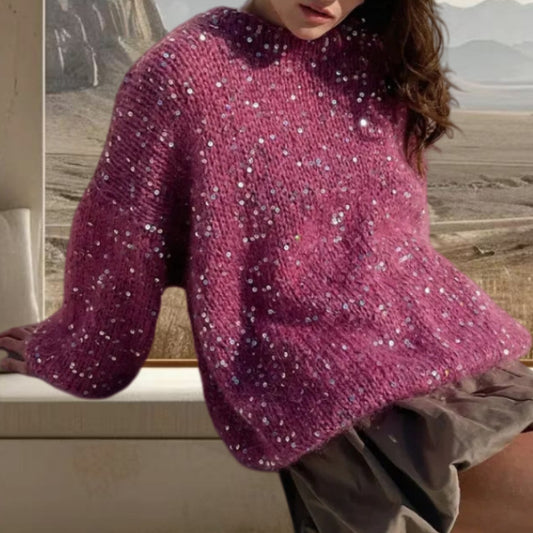 European And American Loose Round Neck Fashion Sequined Mohair Sweater Lantern Sleeve