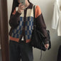 Color Matching Plaid Lapel Single Breasted Knitted Cardigan Sweater