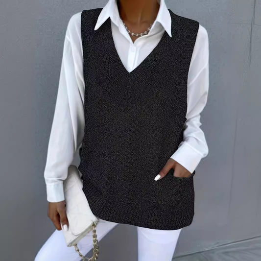 Women's Loose V-neck Double Pocket Knitted Sleeveless Sweater Waistcoat