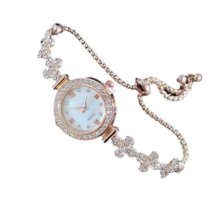 Flower-shaped Diamond-embedded Student Pull-out Bracelet Watch