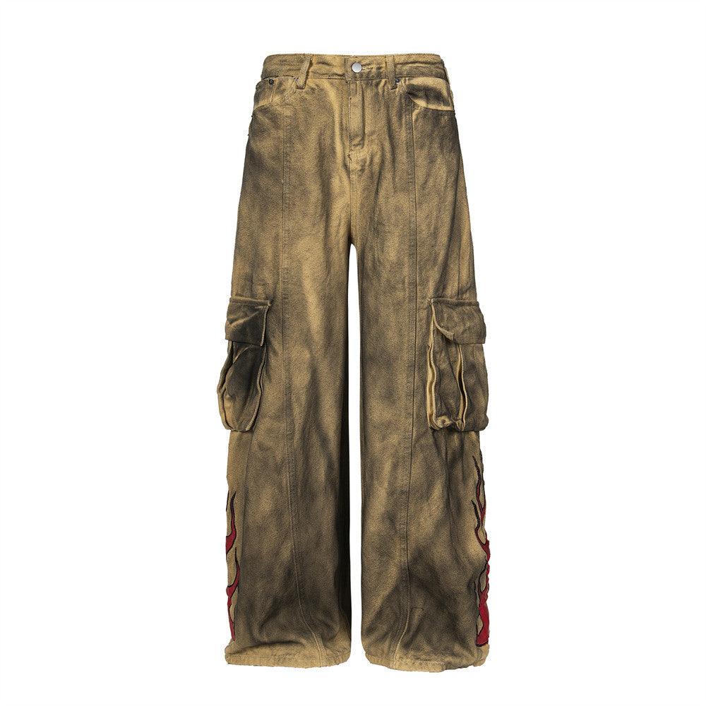 Waste Soil Wind Tie-dyed Old Dirty Cargo Jeans Men