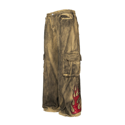 Waste Soil Wind Tie-dyed Old Dirty Cargo Jeans Men