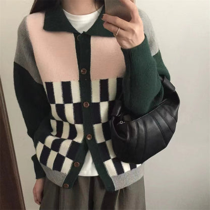 Color Matching Plaid Lapel Single Breasted Knitted Cardigan Sweater