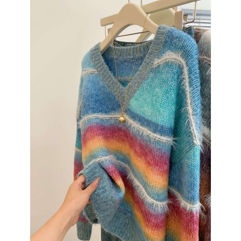 Contrast Color Striped Pullover Women's Autumn And Winter