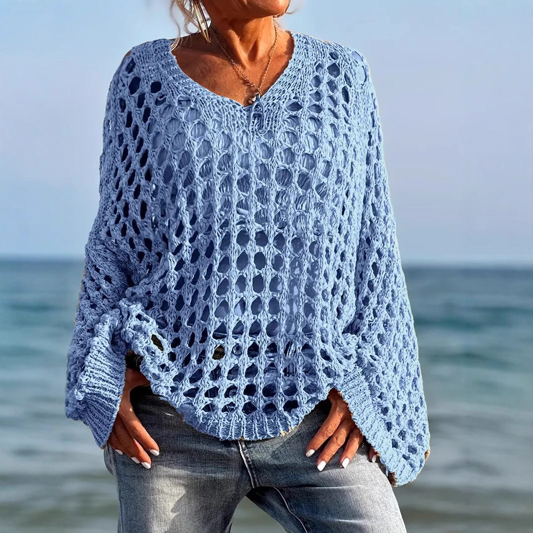 Loose Leisure All-matching Hollow Long Sleeve Plus Size Women's Knitted Sweater